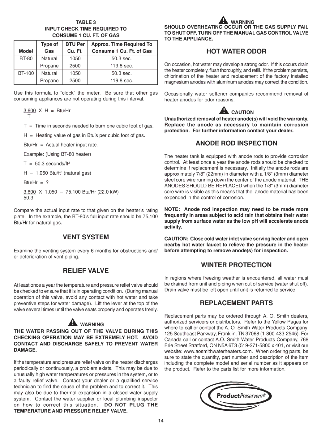 A.O. Smith BT- 80 warranty Vent System, HOT Water Odor, Anode ROD Inspection, Winter Protection, Replacement Parts 