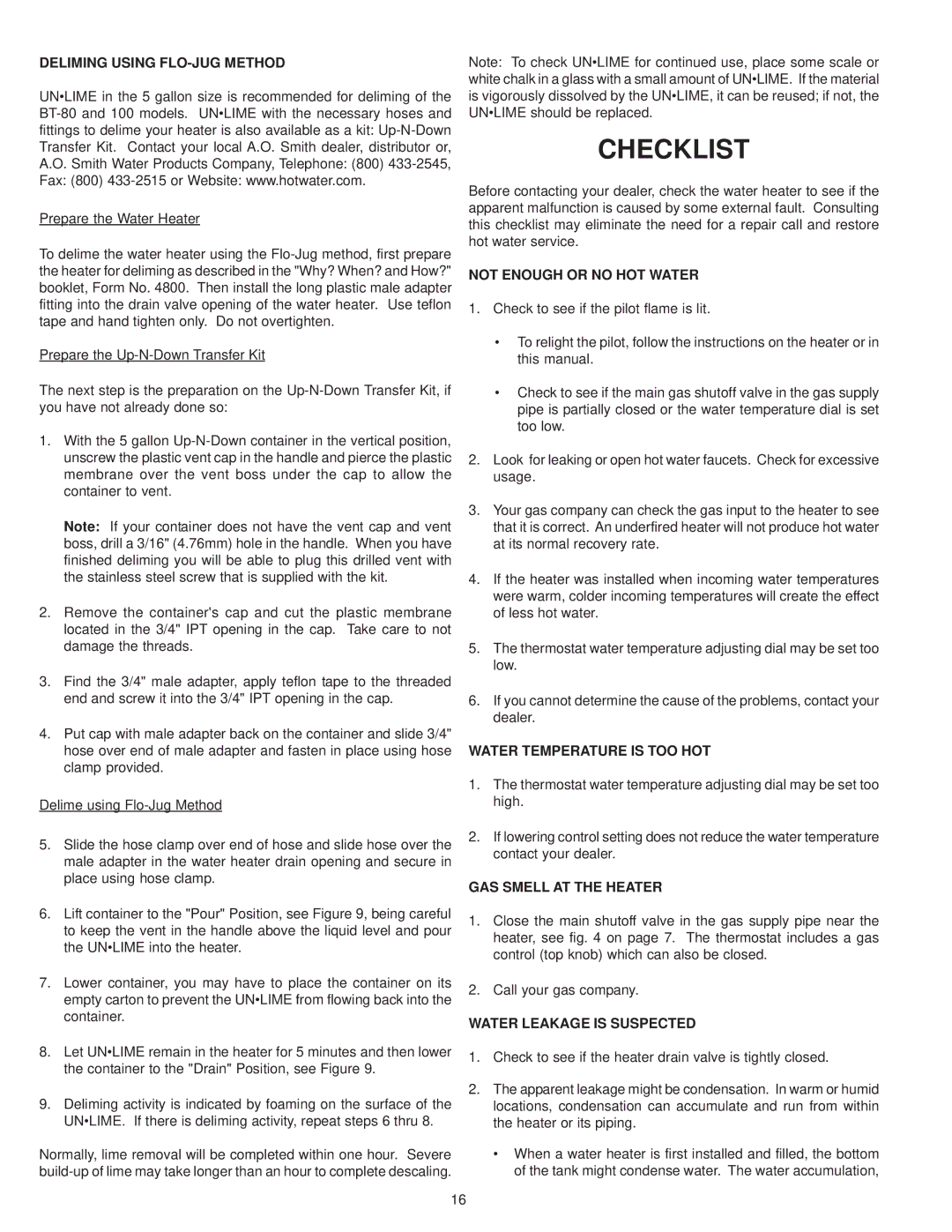 A.O. Smith BT- 80 warranty Checklist 