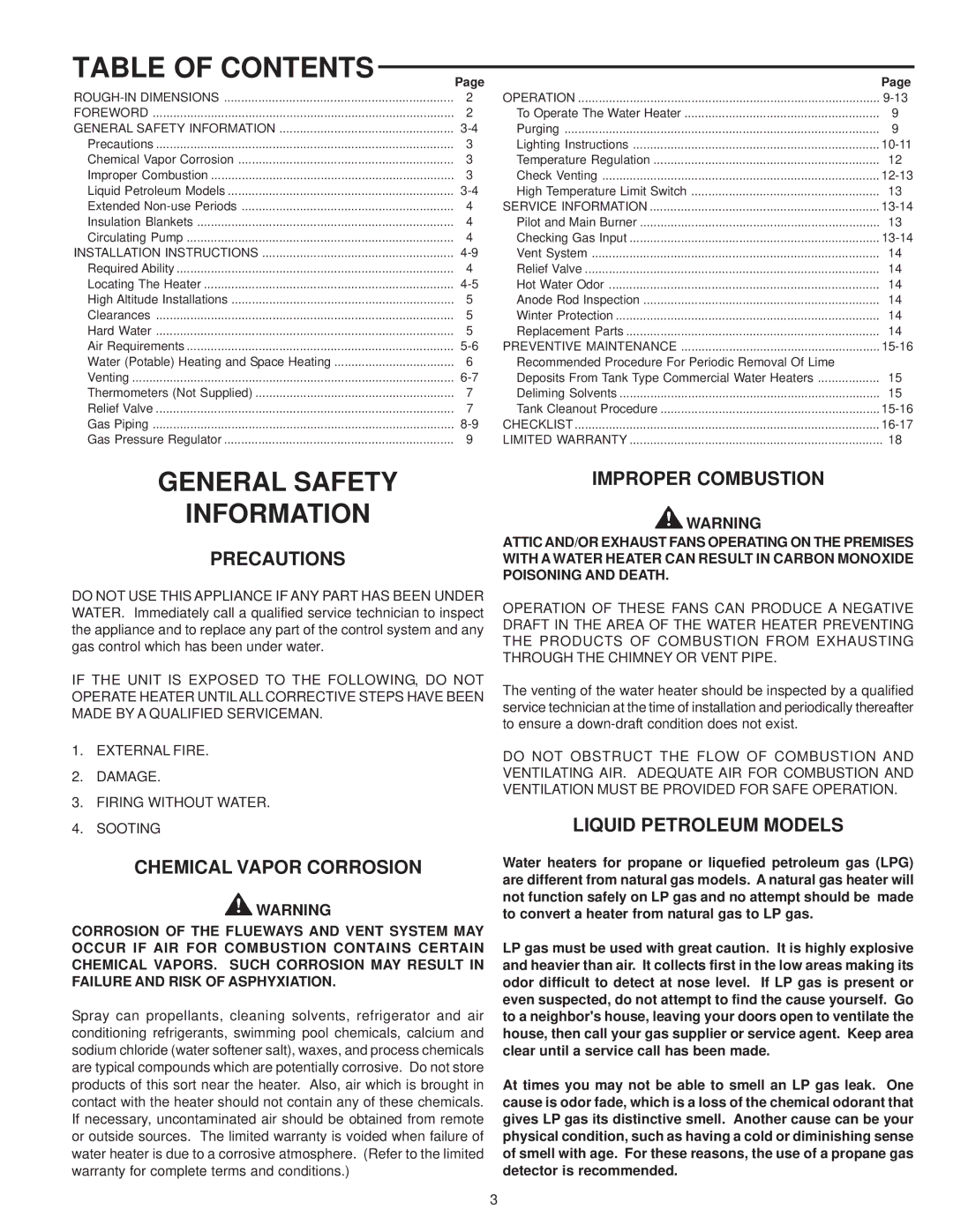 A.O. Smith BT- 80 warranty Table of Contents 