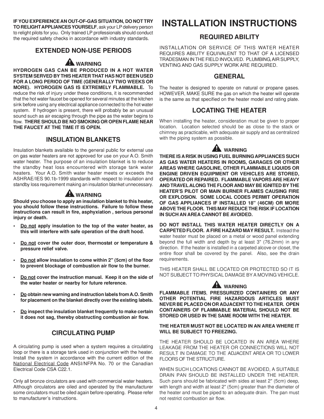 A.O. Smith BT- 80 warranty Installation Instructions 