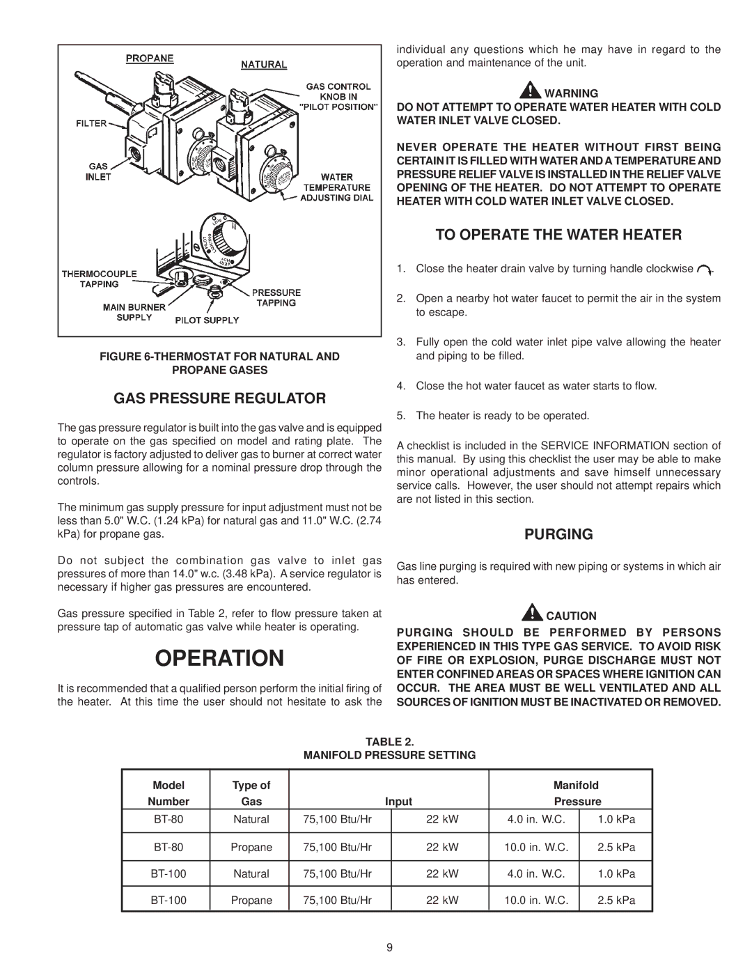 A.O. Smith BT- 80 warranty GAS Pressure Regulator, To Operate the Water Heater, Purging 