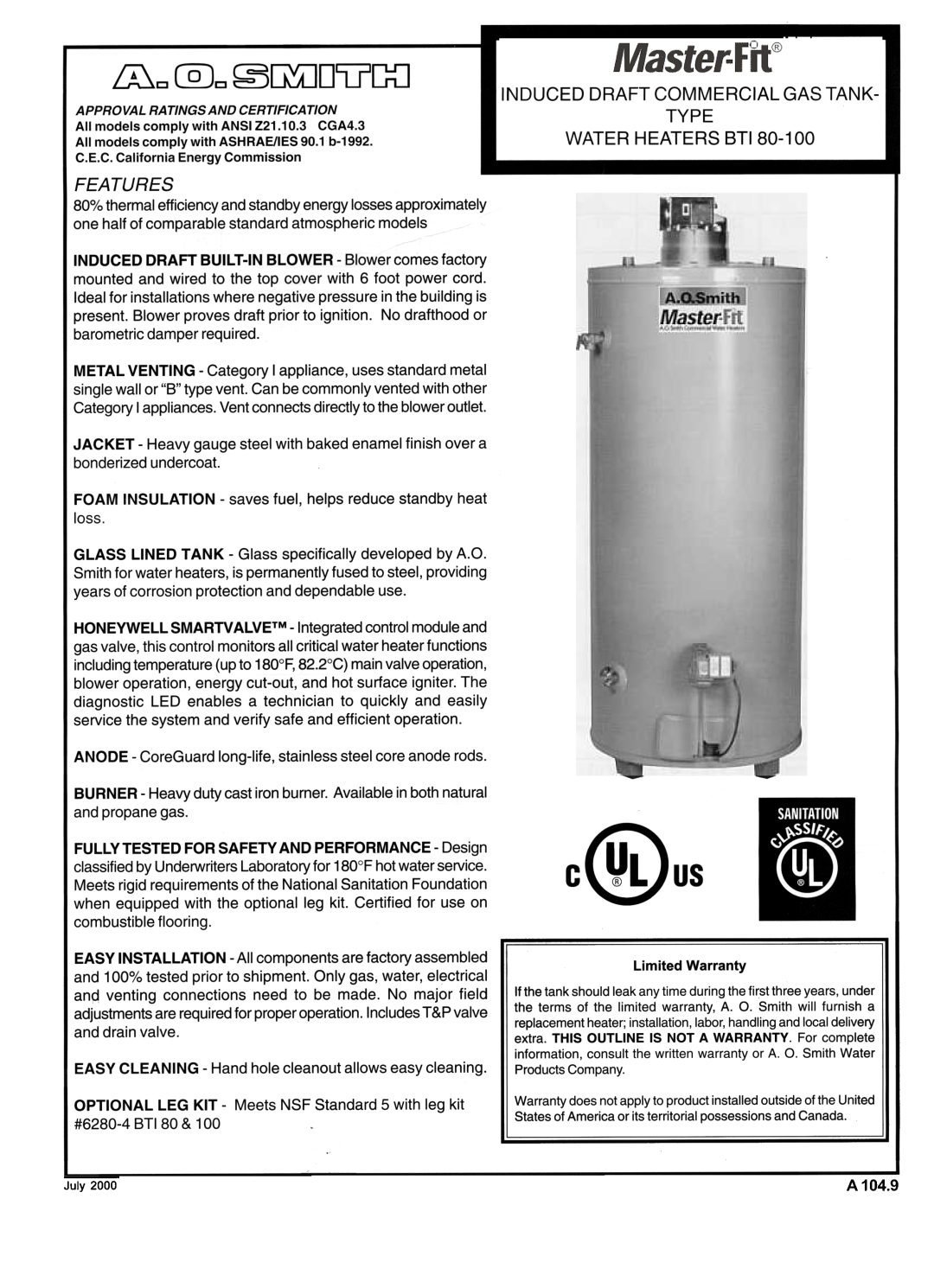 A.O. Smith warranty illc @Jc~illDv~, Features, INDUCED DRAFT COMMERCIAL GAS TANK TYPE WATER HEATERS BT180-100 