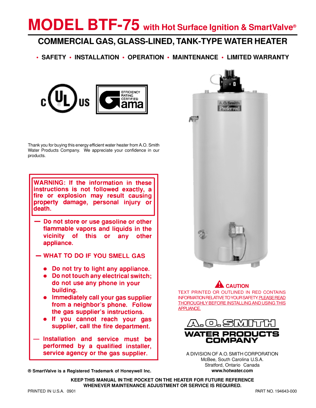 A.O. Smith BTF-75 warranty Commercial GAS, GLASS-LINED, TANK-TYPE Water Heater 