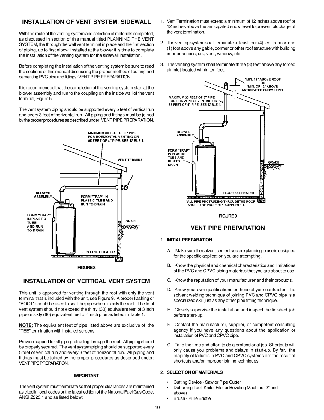 A.O. Smith BTF-75 Installation of Vent SYSTEM, Sidewall, Installation of Vertical Vent System, Vent Pipe Preparation 