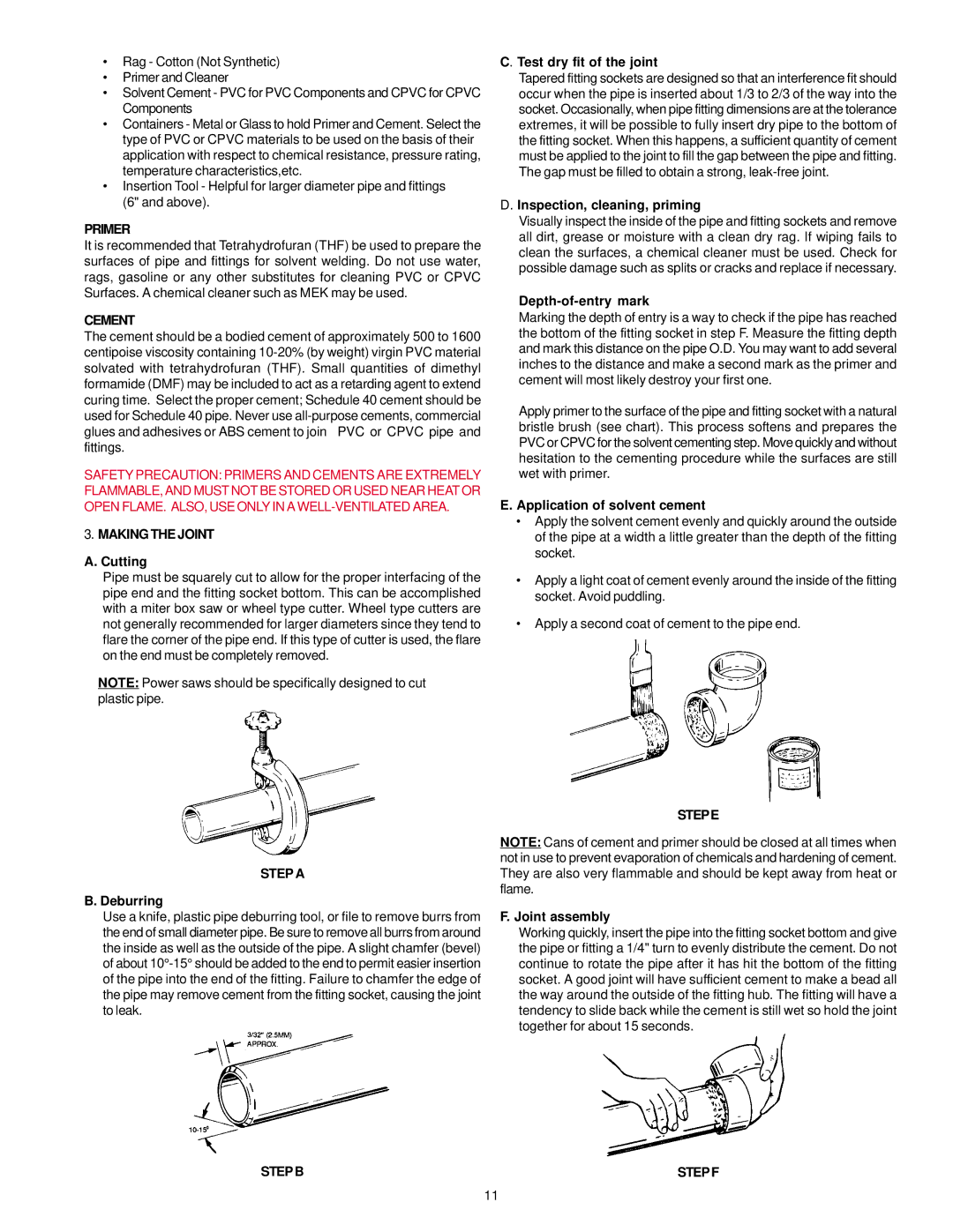 A.O. Smith BTF-75 warranty Primer, Cement, Making the Joint, Step a, Step B, Stepe, Step F 