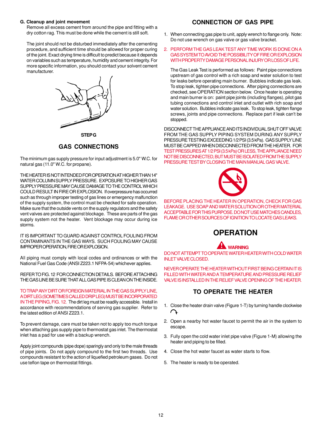 A.O. Smith BTF-75 warranty Operation, GAS Connections, Connection of GAS Pipe, To Operate the Heater, Step G 