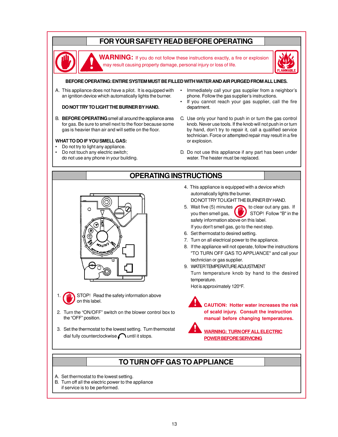 A.O. Smith BTF-75 warranty Do not TRY to Light the Burner by Hand, What to do if YOU Smell GAS, Watertemperatureadjustment 