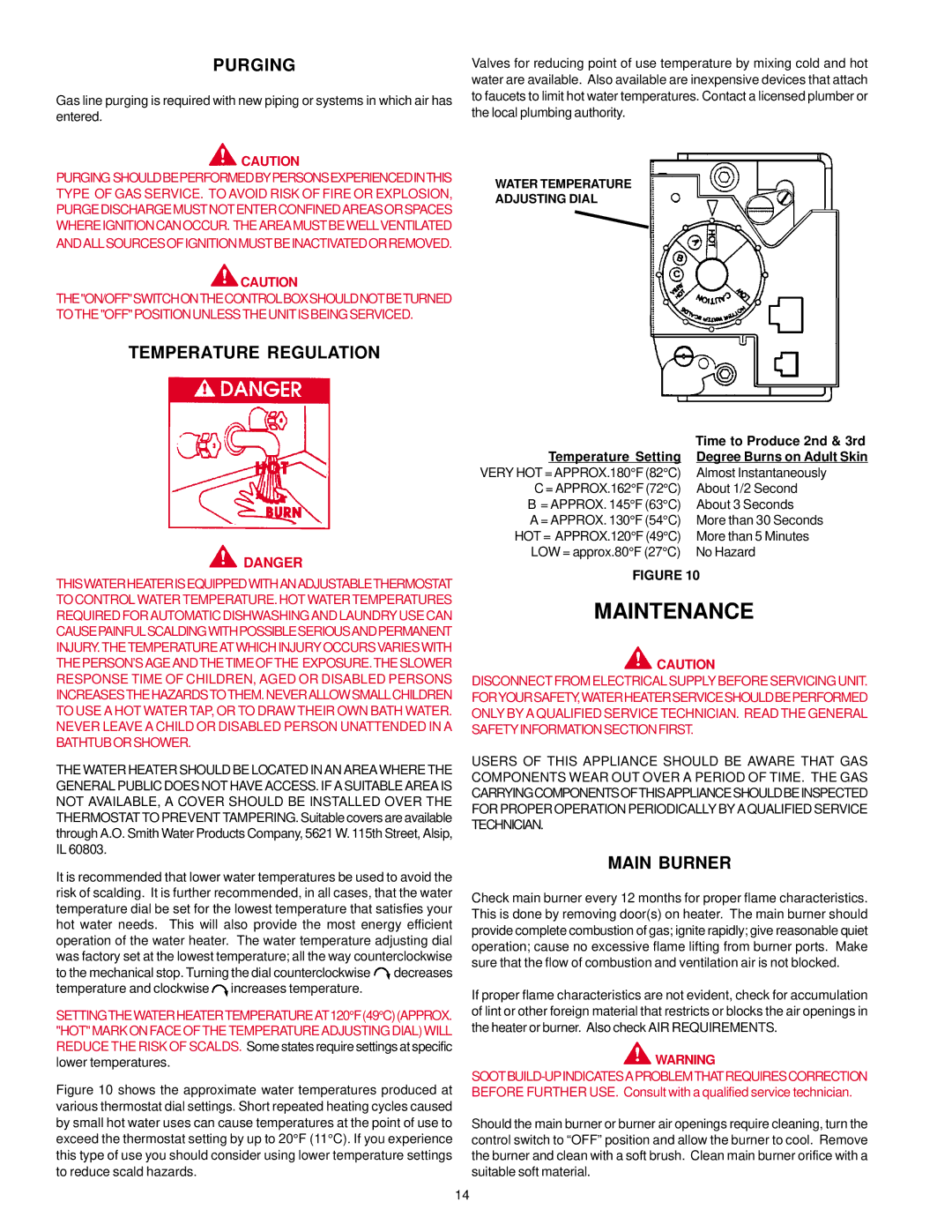 A.O. Smith BTF-75 warranty Maintenance, Purging, Temperature Regulation, Main Burner, Water Temperature Adjusting Dial 