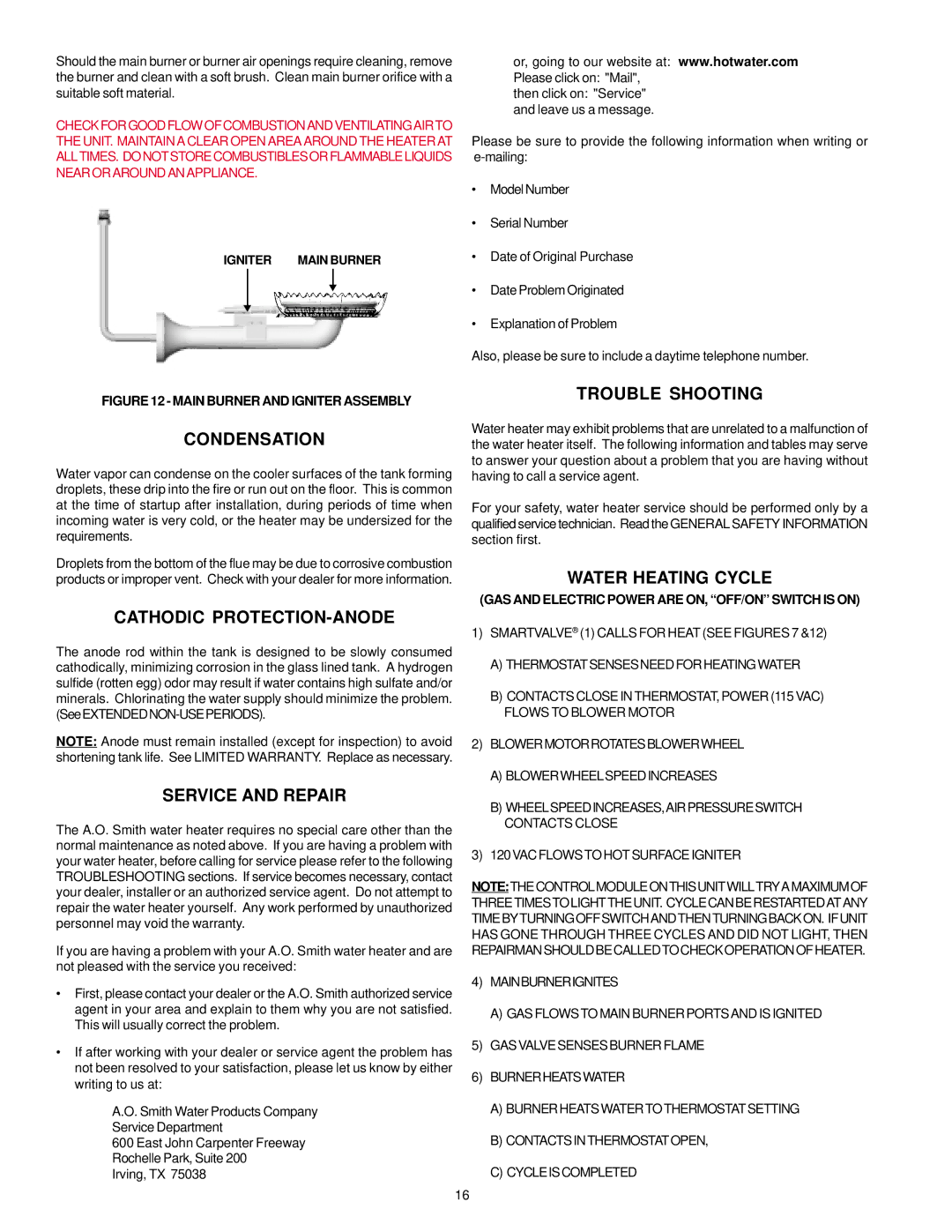 A.O. Smith BTF-75 Condensation, Cathodic PROTECTION-ANODE, Service and Repair, Trouble Shooting, Water Heating Cycle 