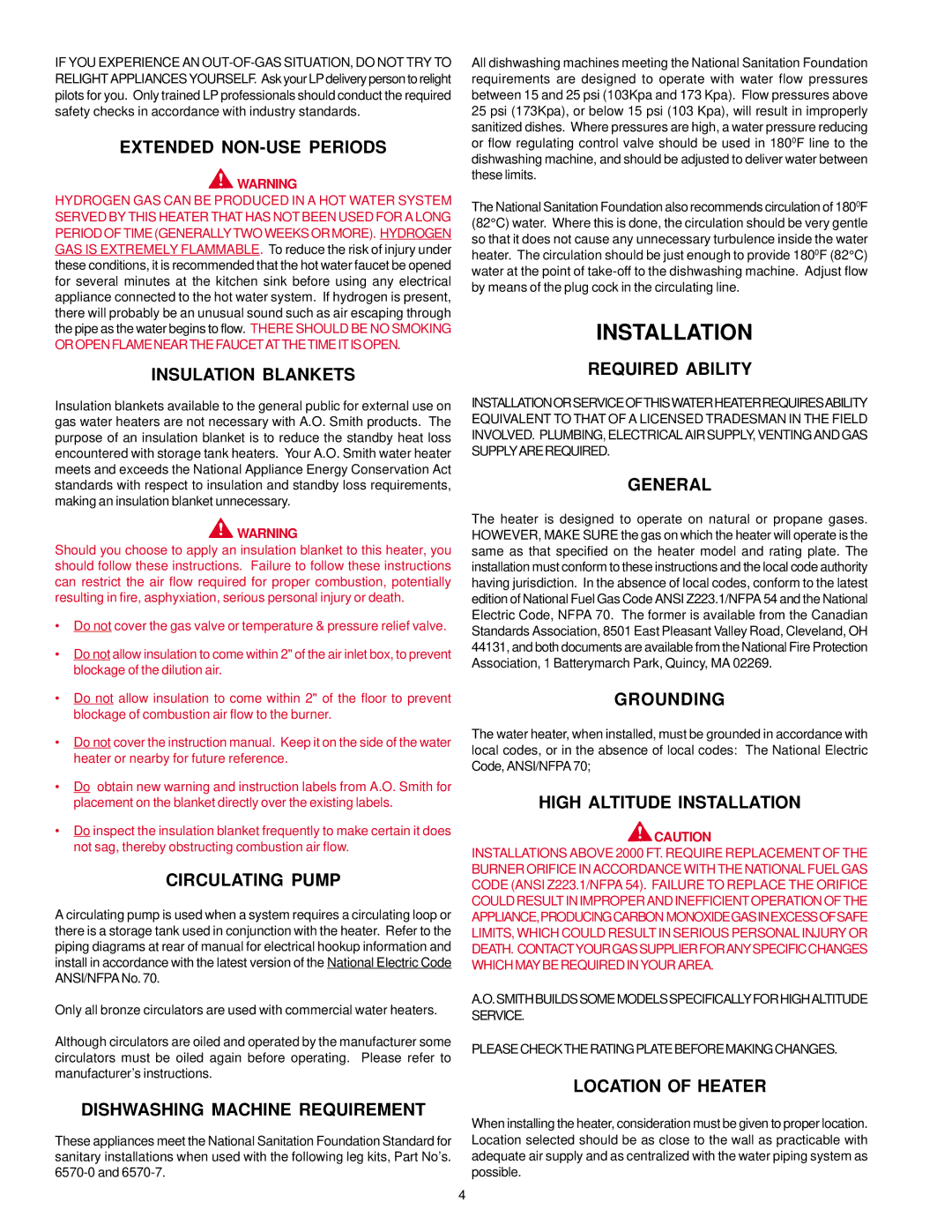 A.O. Smith BTF-75 warranty Installation 