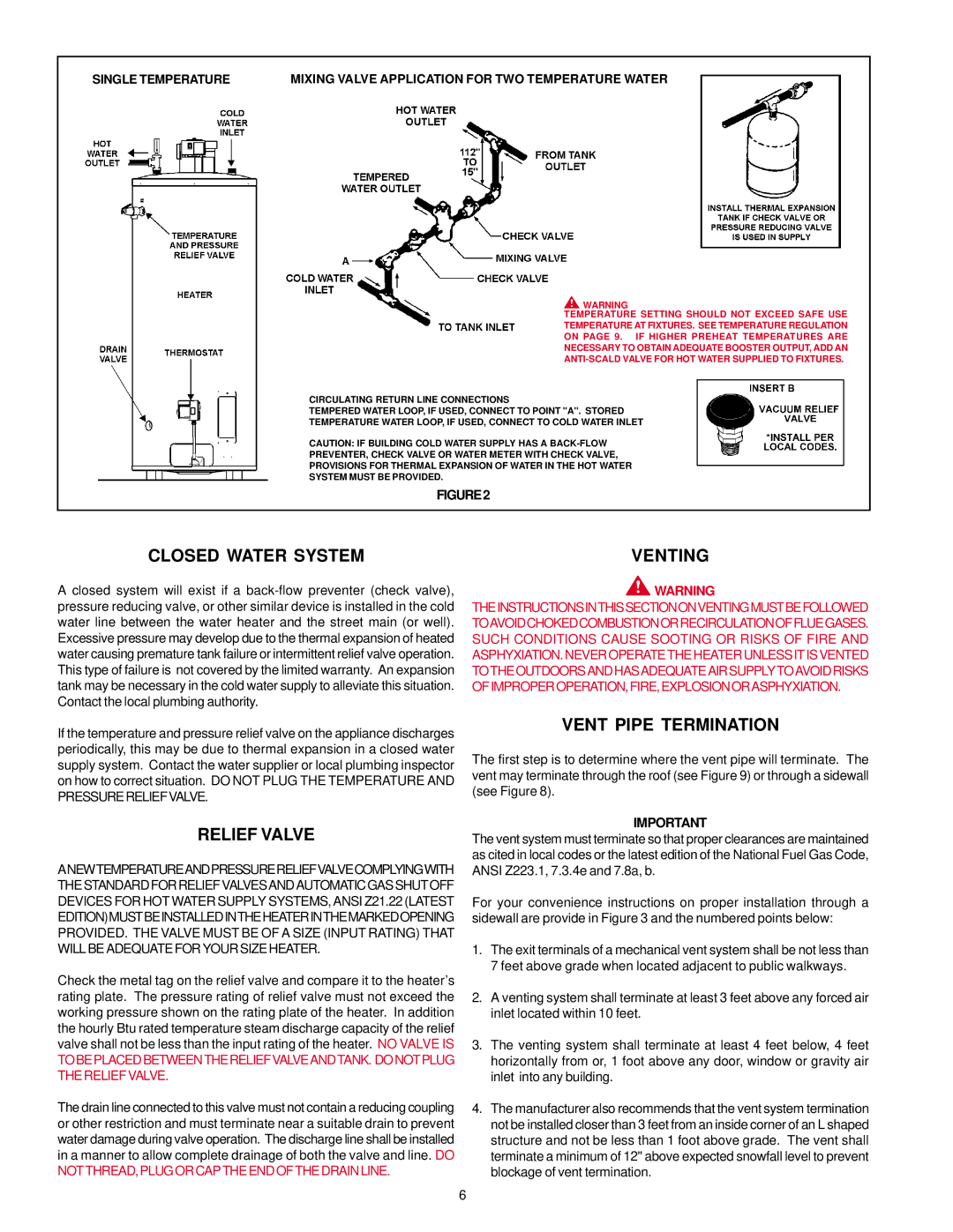 A.O. Smith BTF-75 warranty Closed Water System Venting, Relief Valve, Vent Pipe Termination, Single Temperature 