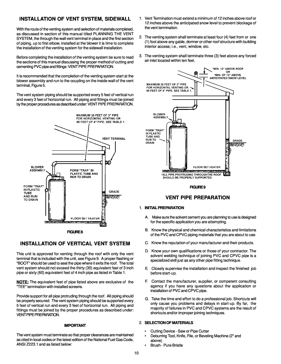 A.O. Smith BTF-75 Installation Of Vent System, Sidewall, Installation Of Vertical Vent System, Vent Pipe Preparation 