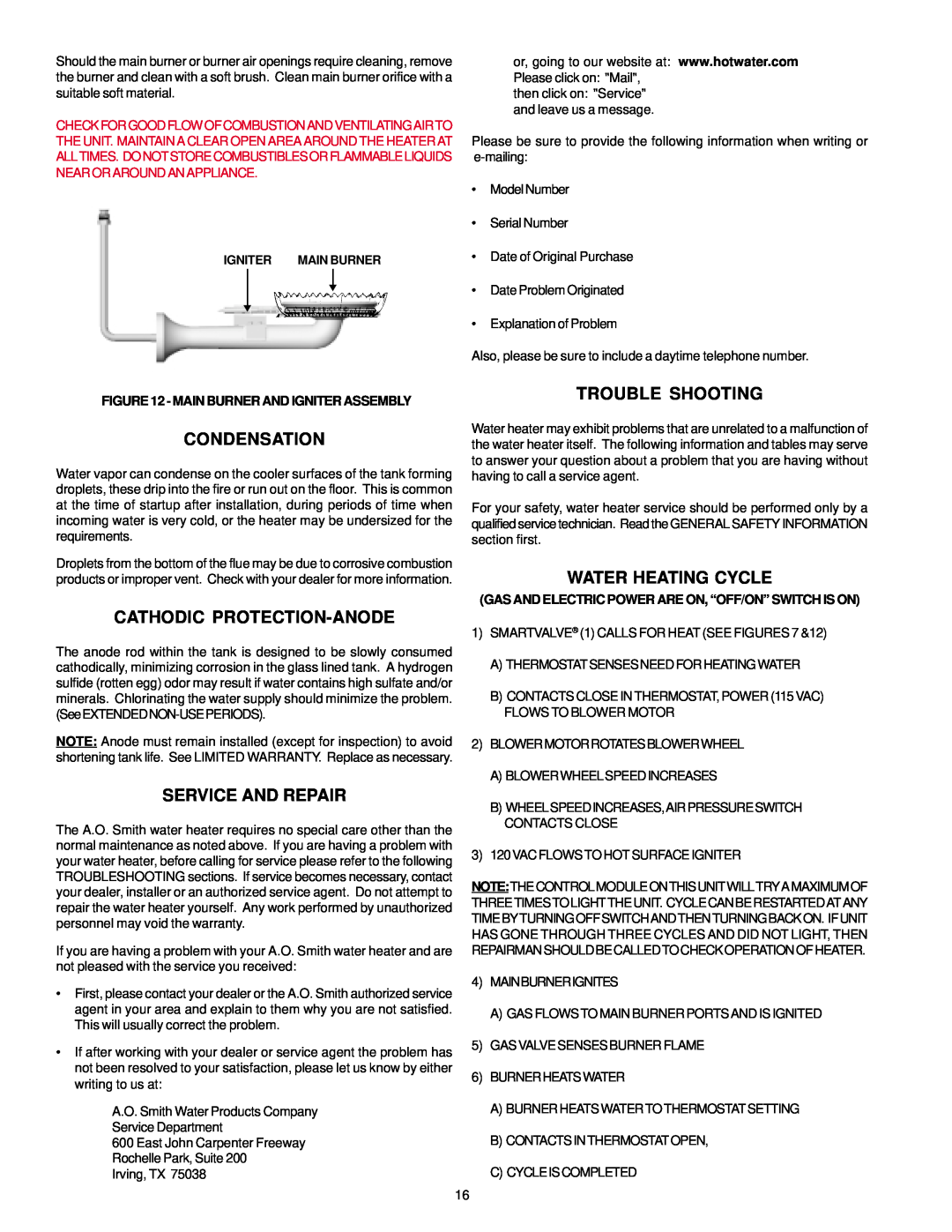A.O. Smith BTF-75 Condensation, Cathodic Protection-Anode, Service And Repair, Trouble Shooting, Water Heating Cycle 