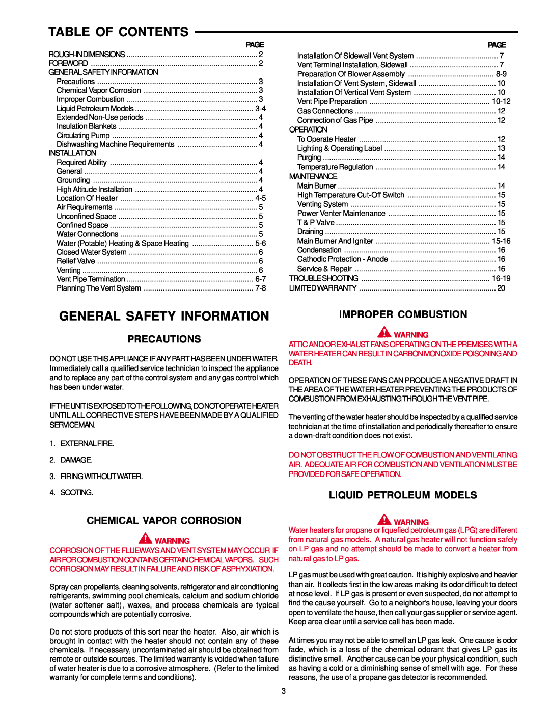 A.O. Smith BTF-75 warranty Table Of Contents, General Safety Information, Precautions, Chemical Vapor Corrosion 