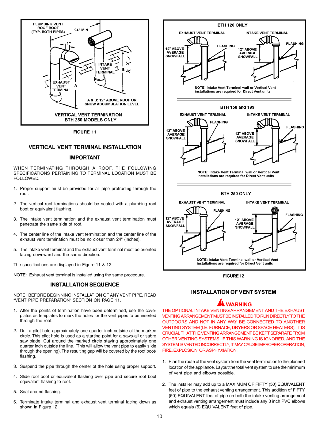 A.O. Smith BTH 120 - 250 warranty Vertical Vent Terminal Installation, Installation of Vent System 