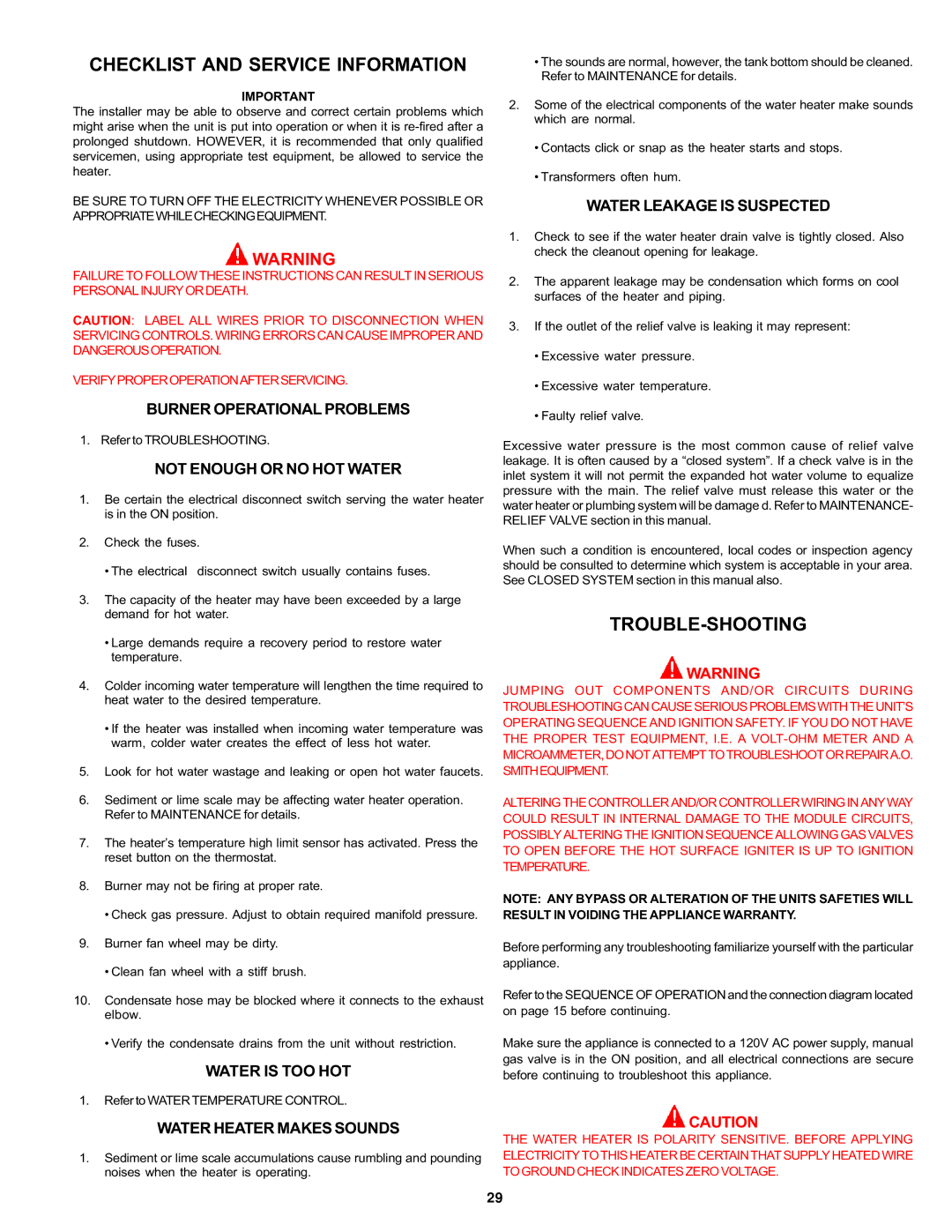 A.O. Smith BTH 120 - 250 warranty Checklist and Service Information, Trouble-Shooting 