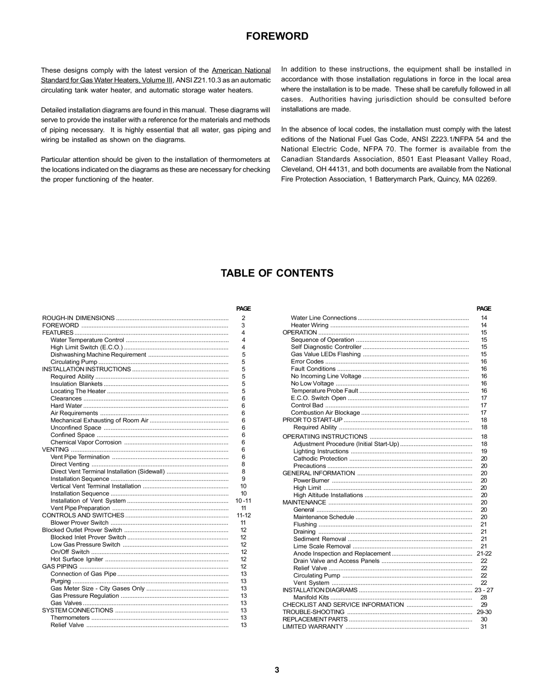 A.O. Smith BTH 120 - 250 warranty Foreword, Table of Contents 