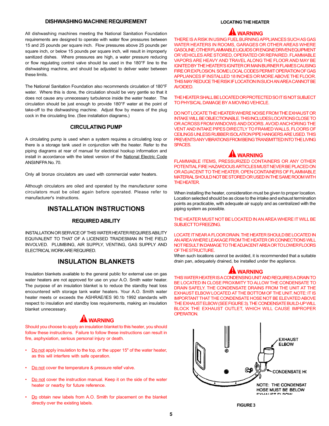 A.O. Smith BTH 120 - 250 Installation Instructions, Insulation Blankets, Dishwashing Machine Requirement, Circulating Pump 