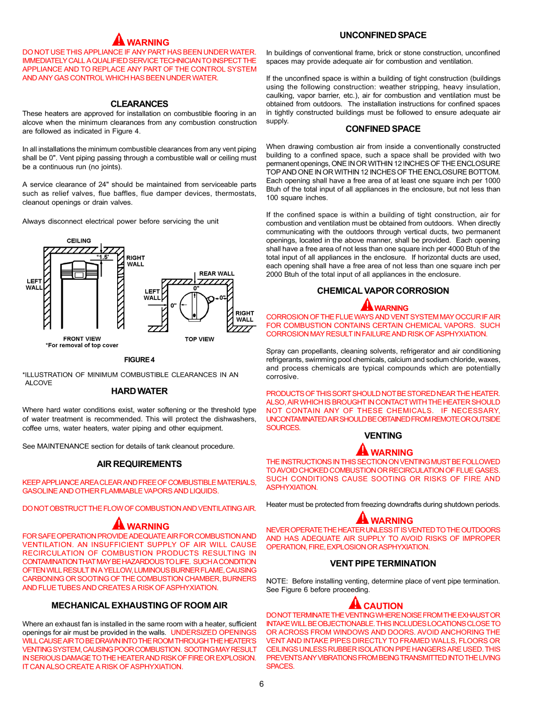 A.O. Smith BTH 120 - 250 Clearances, Hard Water, AIR Requirements, Mechanical Exhausting of Room AIR, Unconfined Space 