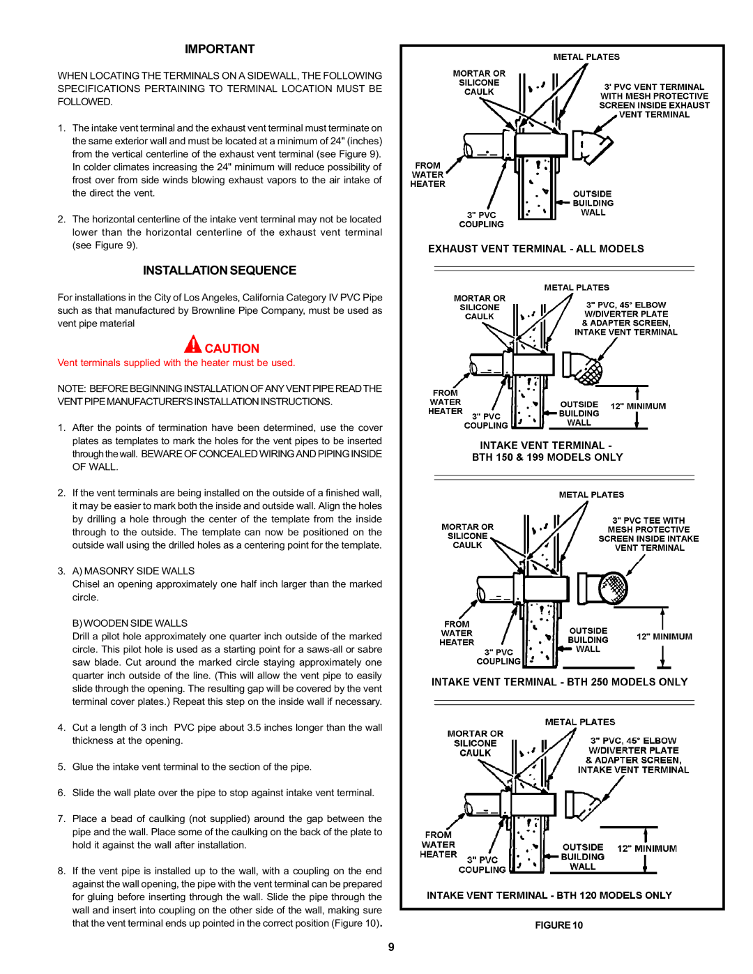 A.O. Smith BTH 120 - 250 Installation Sequence, Vent Pipe Manufacturers Installation Instructions, Masonry Side Walls 
