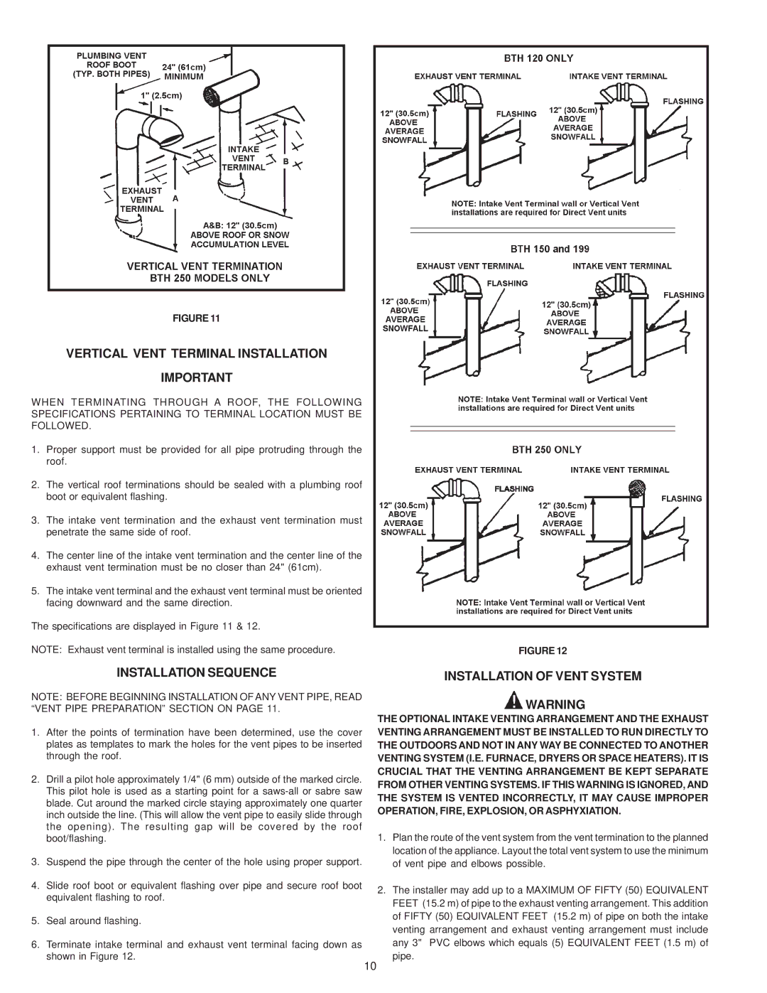 A.O. Smith BTH 120-250(A) warranty Vertical Vent Terminal Installation, Installation of Vent System 