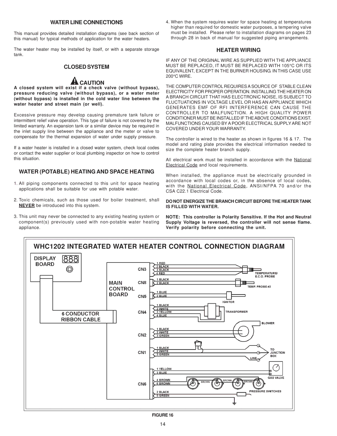 A.O. Smith BTH 120-250(A) warranty WHC1202 Integrated Water Heater Control Connection Diagram, Water Line Connections 