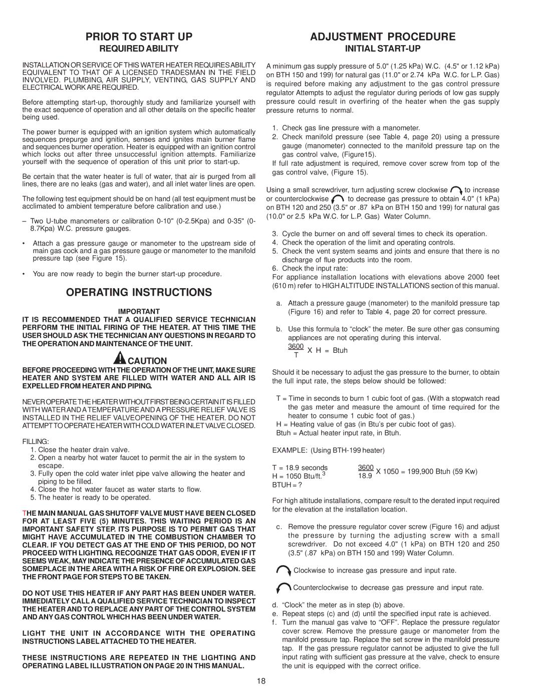 A.O. Smith BTH 120-250(A) Prior to Start UP, Operating Instructions, Adjustment Procedure, Initial START-UP, Filling 