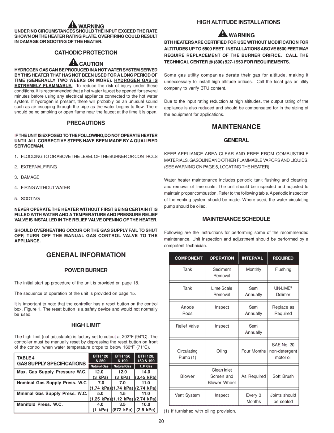 A.O. Smith BTH 120-250(A) warranty General Information, Maintenance 