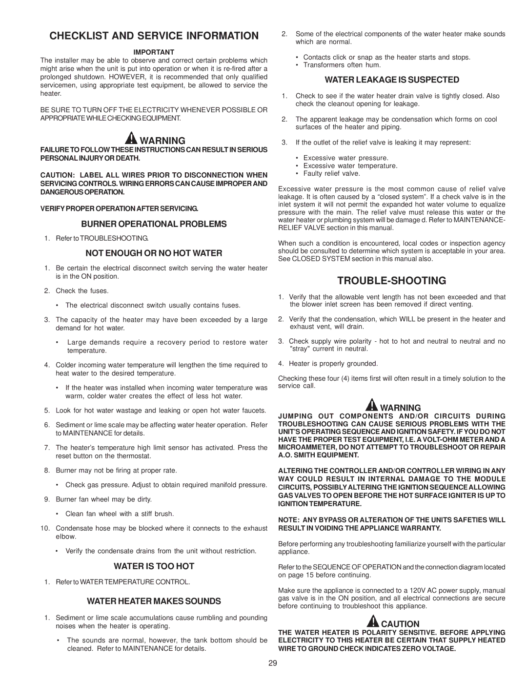 A.O. Smith BTH 120-250(A) warranty Checklist and Service Information, Trouble-Shooting 