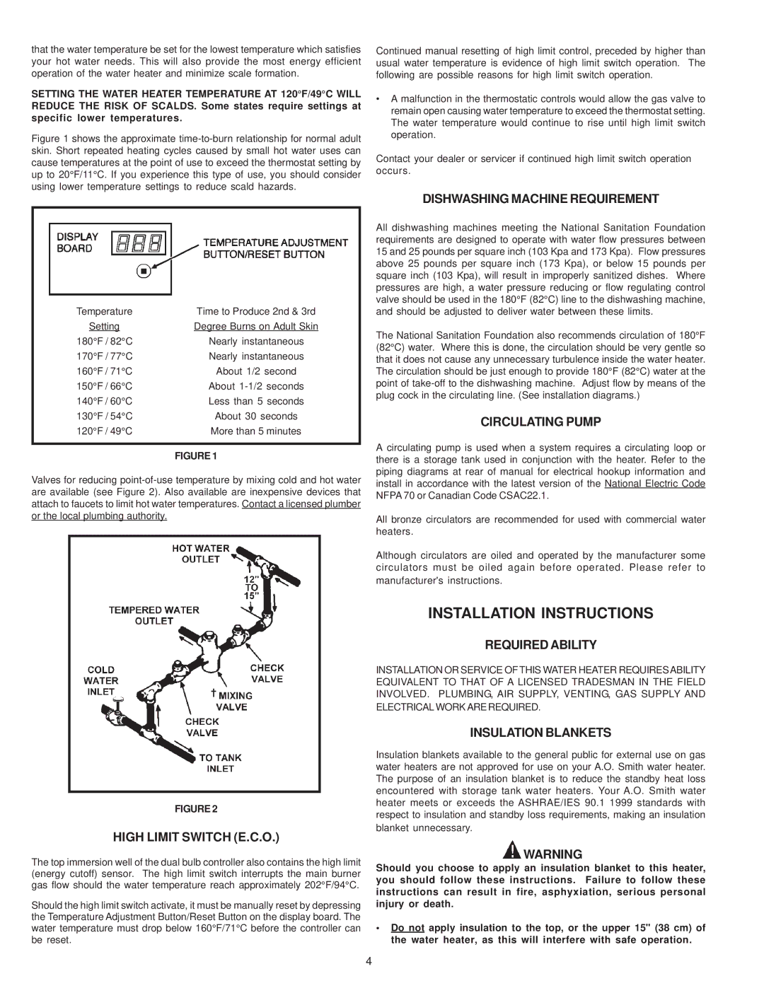 A.O. Smith BTH 120-250(A) warranty Installation Instructions 