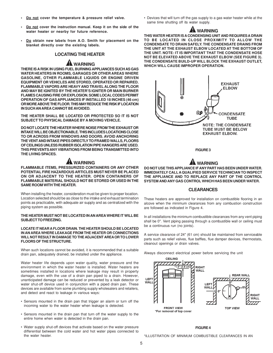 A.O. Smith BTH 120-250(A) warranty Locating the Heater, Clearances 