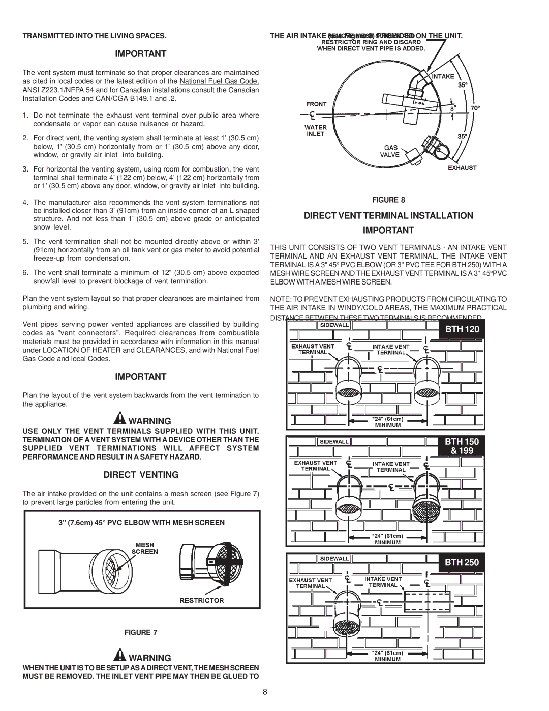 A.O. Smith BTH 120-250(A) warranty Direct Venting, Direct Vent Terminal Installation, Transmitted Into the Living Spaces 