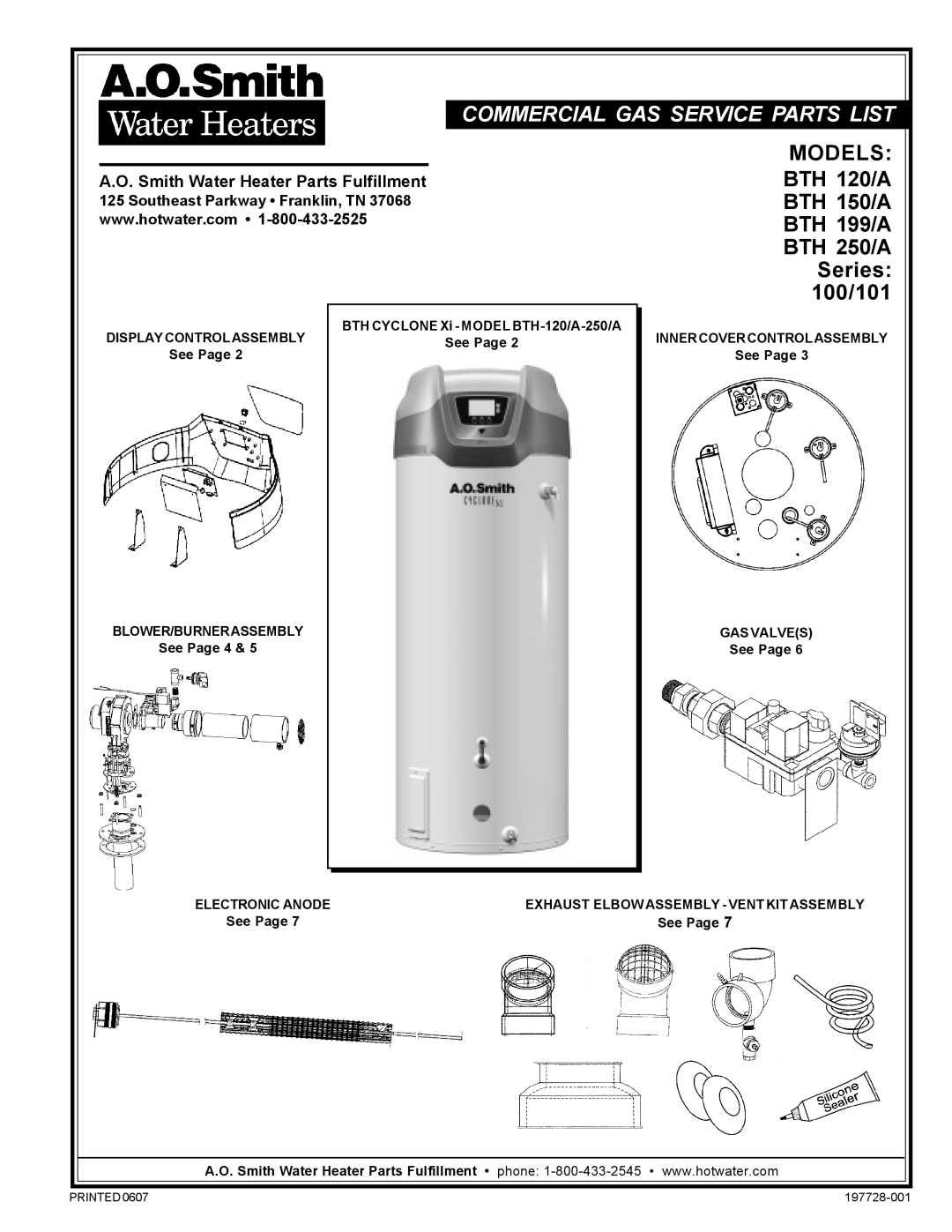 A.O. Smith BTH 120/A, BTH 150/A, BTH 199/A, BTH 250/A manual Commercial GAS Service Parts List 