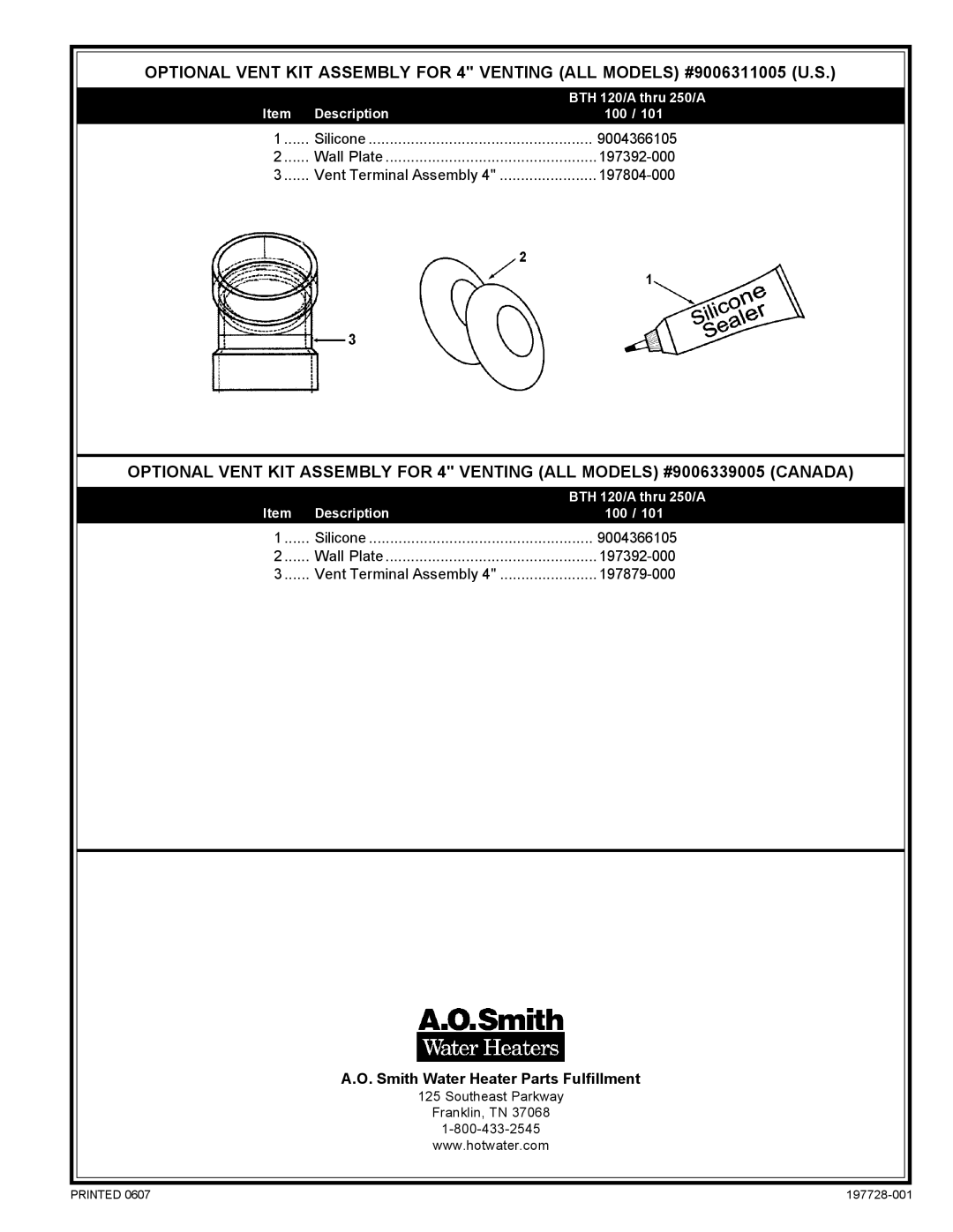 A.O. Smith BTH 150/A, BTH 120/A, BTH 199/A, BTH 250/A manual Description 100 