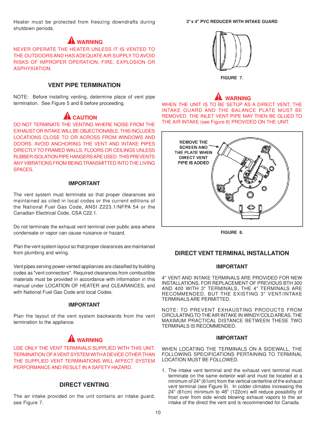 A.O. Smith BTH 300A, BTH 400A warranty Vent Pipe Termination, Direct Vent Terminal Installation, Direct Venting 