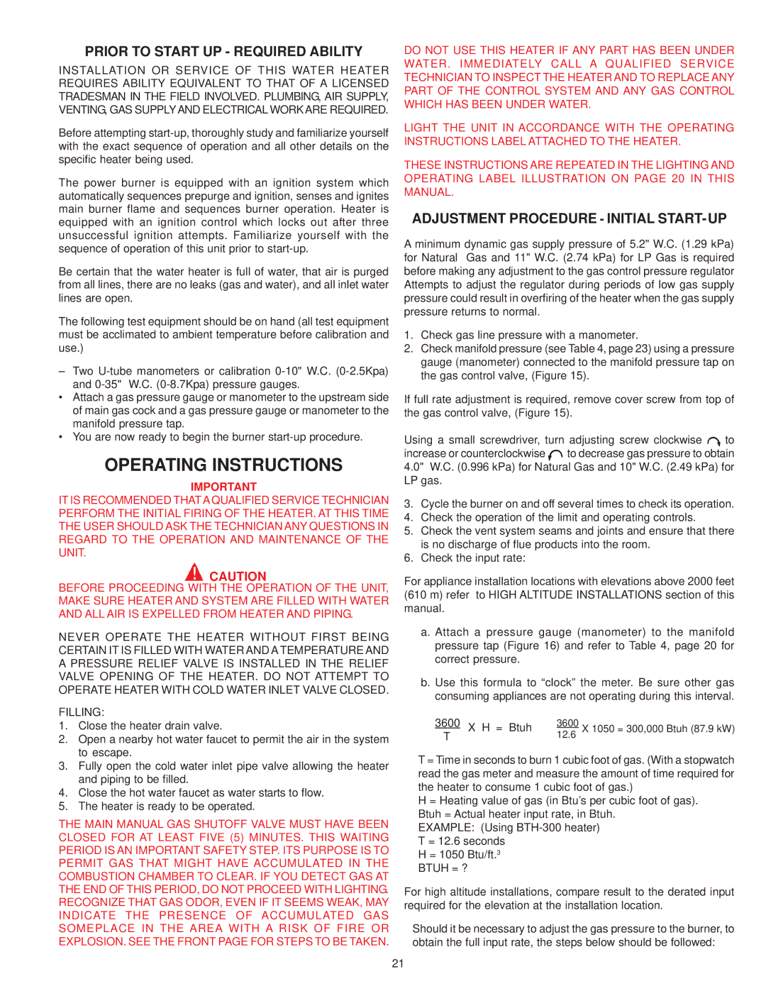 A.O. Smith BTH 300A, BTH 400A warranty Operating Instructions, Prior to Start UP Required Ability 