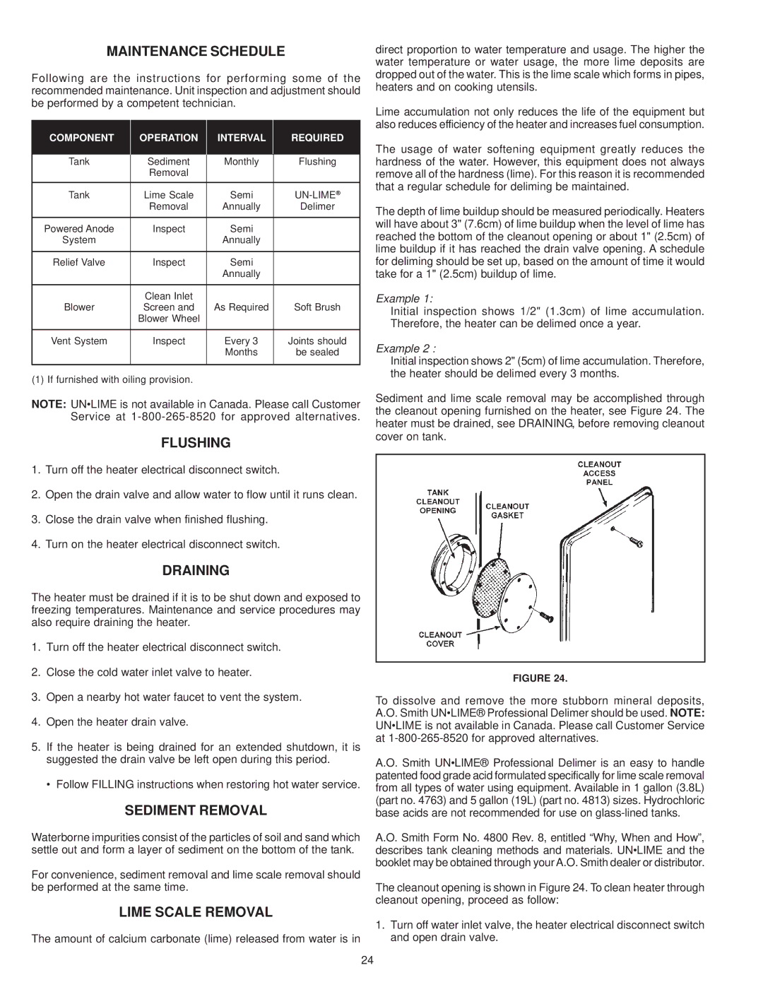 A.O. Smith BTH 300A, BTH 400A warranty Maintenance Schedule, Flushing, Draining, Sediment Removal, Lime Scale Removal 