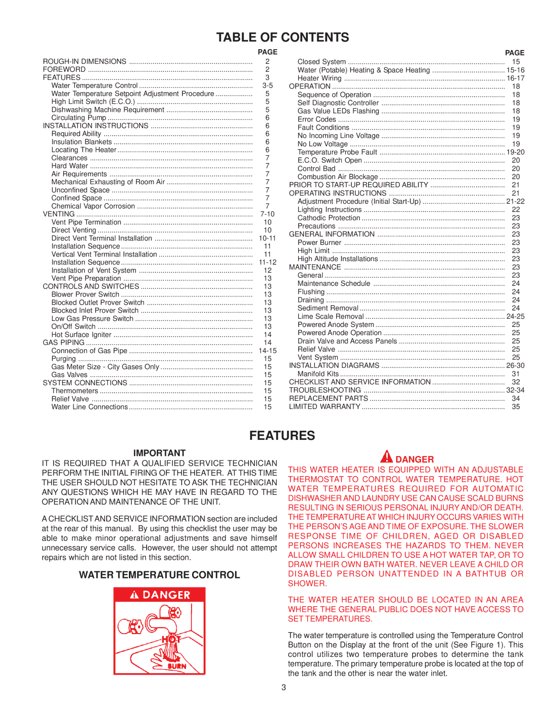 A.O. Smith BTH 300A, BTH 400A warranty Table of Contents, Features 