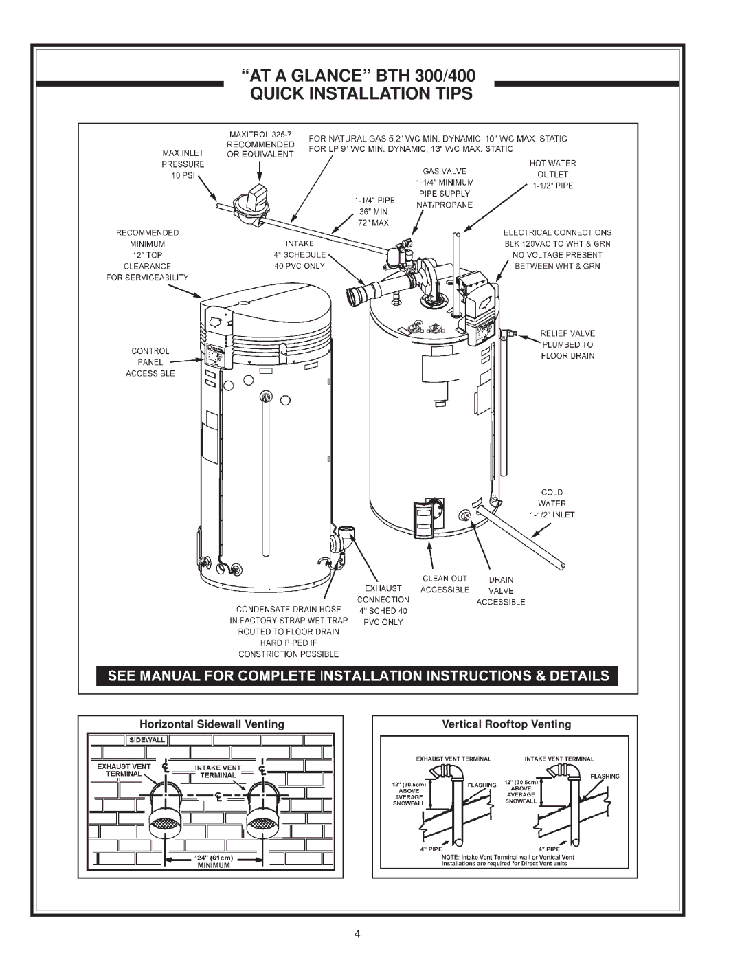 A.O. Smith BTH 300A, BTH 400A warranty Quick Installation Tips, Horizontal Sidewall Venting Vertical Rooftop Venting 