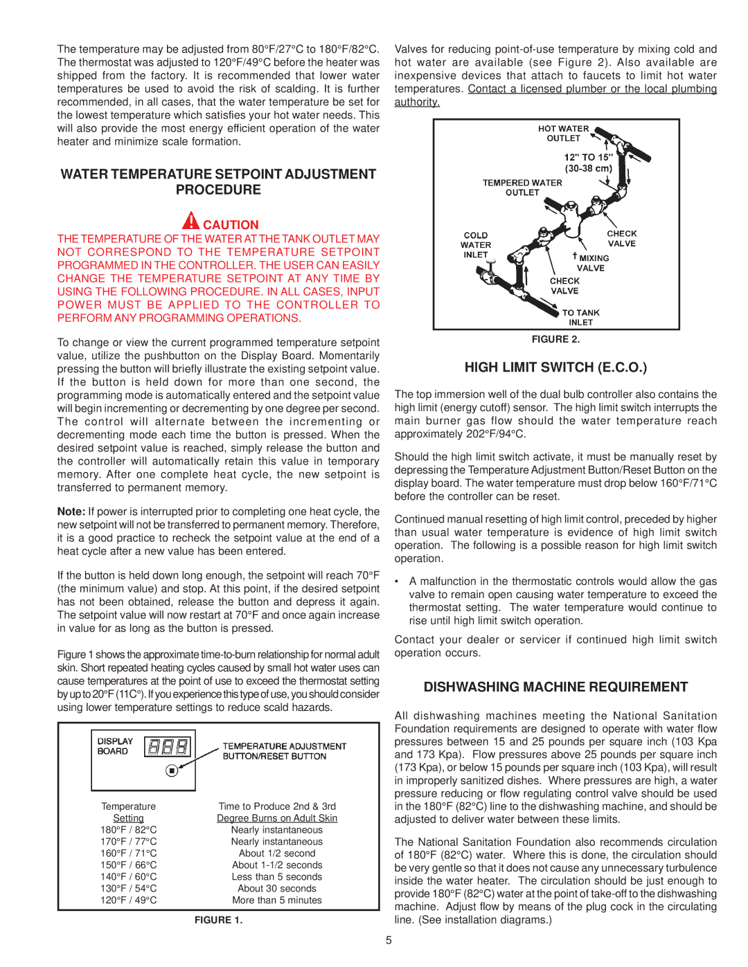 A.O. Smith BTH 300A, BTH 400A warranty Water Temperature Setpoint Adjustment Procedure, High Limit Switch E.C.O 