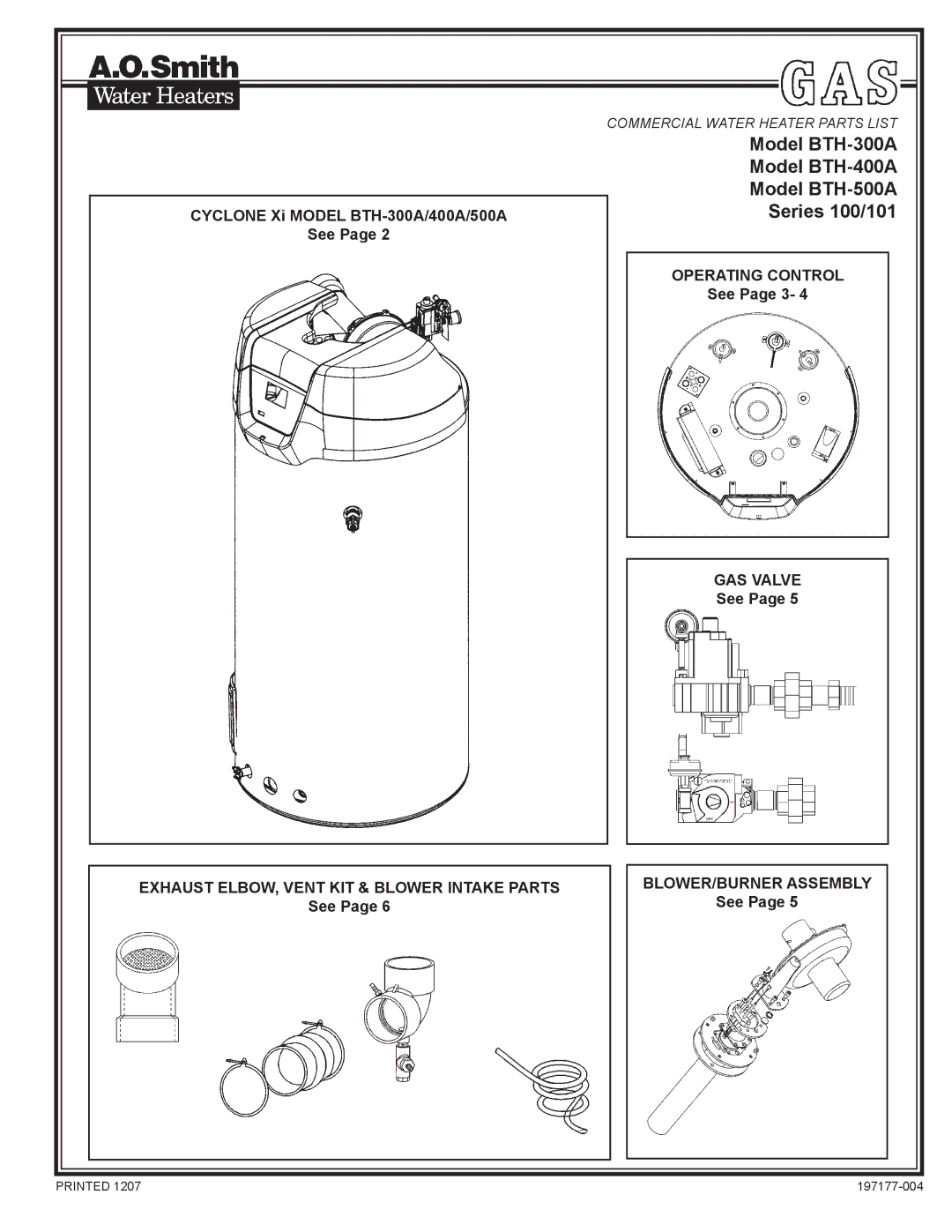 A.O. Smith manual Model BTH-300A Model BTH-400A Model BTH-500A Series 100/101 