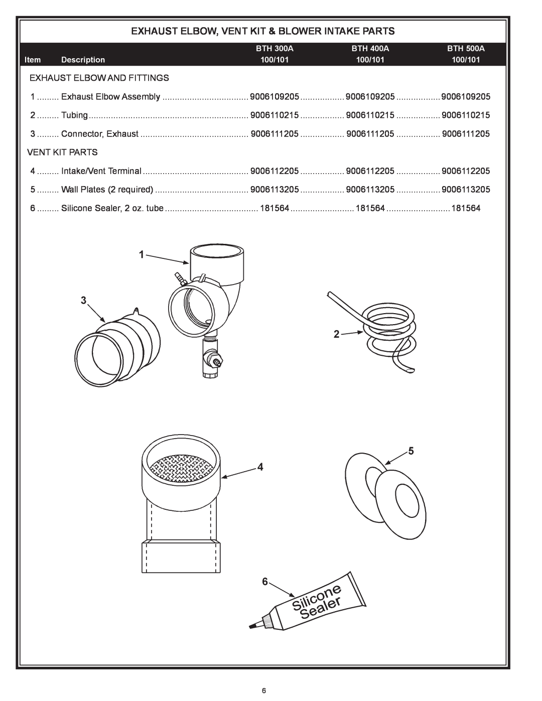 A.O. Smith BTH-500A Exhaust Elbow, Vent Kit & Blower Intake Parts, BTH 300A, BTH 400A, BTH 500A, Description, 100/101 