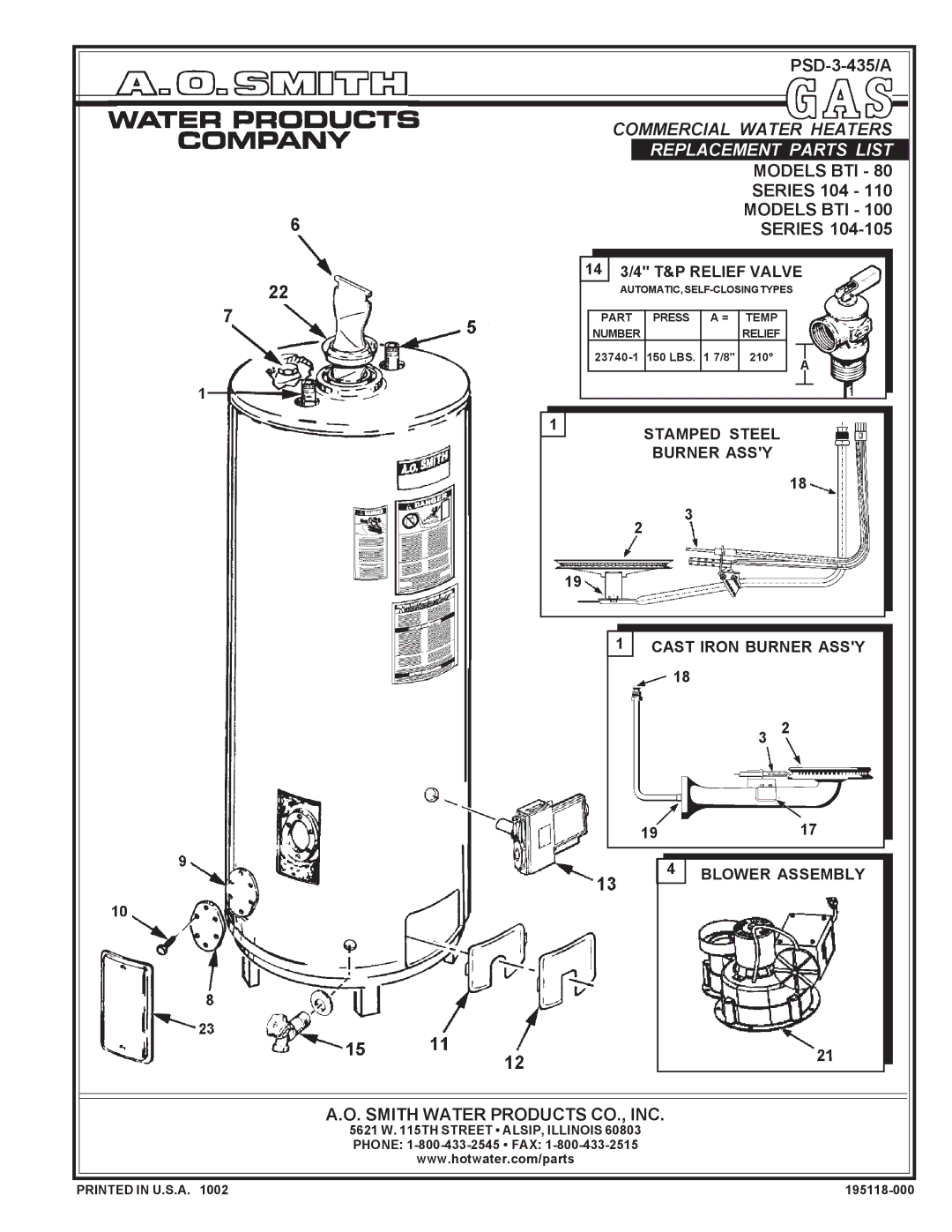 A.O. Smith 104 - 110 manual Commercial Water Heaters Replacement Parts List, Models BTI, Smith Water Products CO., INC 