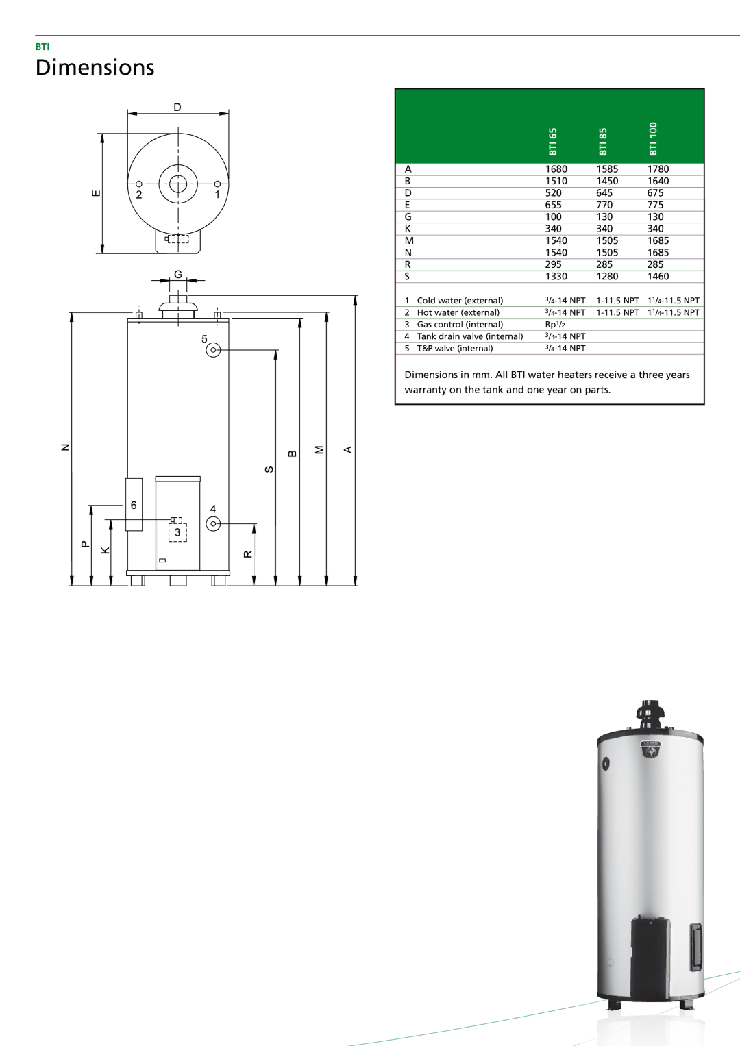 A.O. Smith BTI - 65, BTI - 85 manual Dimensions 