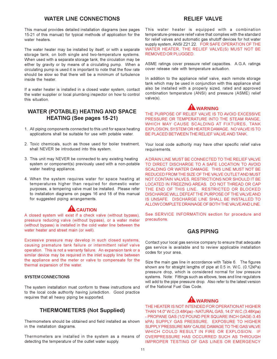 A.O. Smith BTI 120 warranty Water Line Connections, Water Potable Heating and Space, GAS Piping, System Connections 