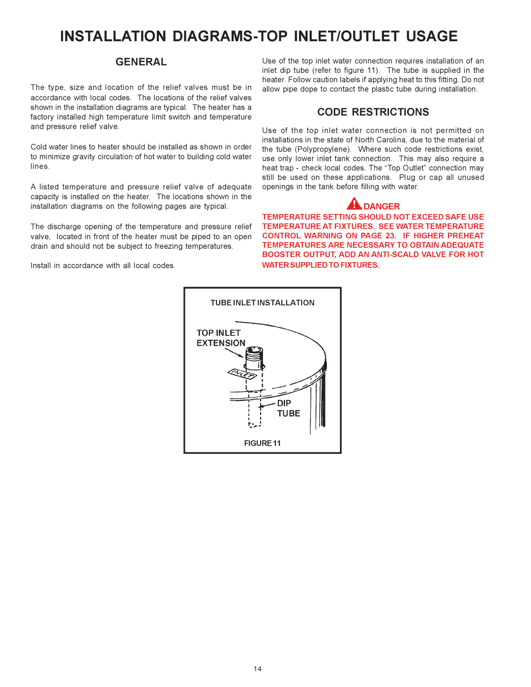 A.O. Smith BTI 120 Installation DIAGRAMS-TOP INLET/OUTLET Usage, General, Code Restrictions, Tube Inlet Installation 