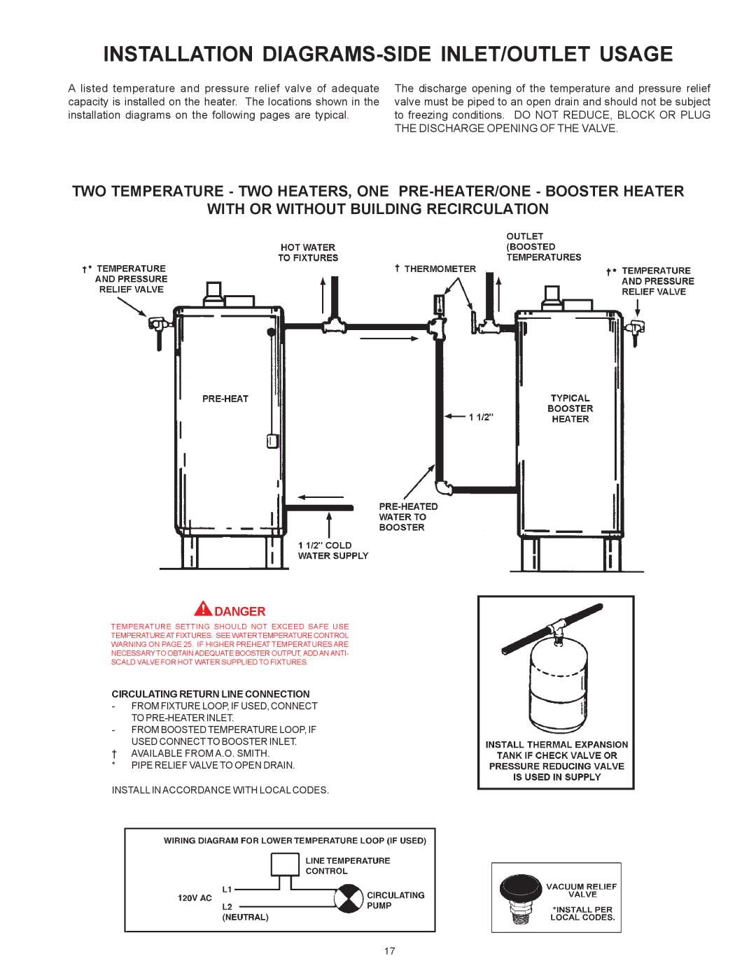 A.O. Smith BTI 120 warranty Installation DIAGRAMS-SIDE INLET/OUTLET Usage, Circulating Return Line Connection 