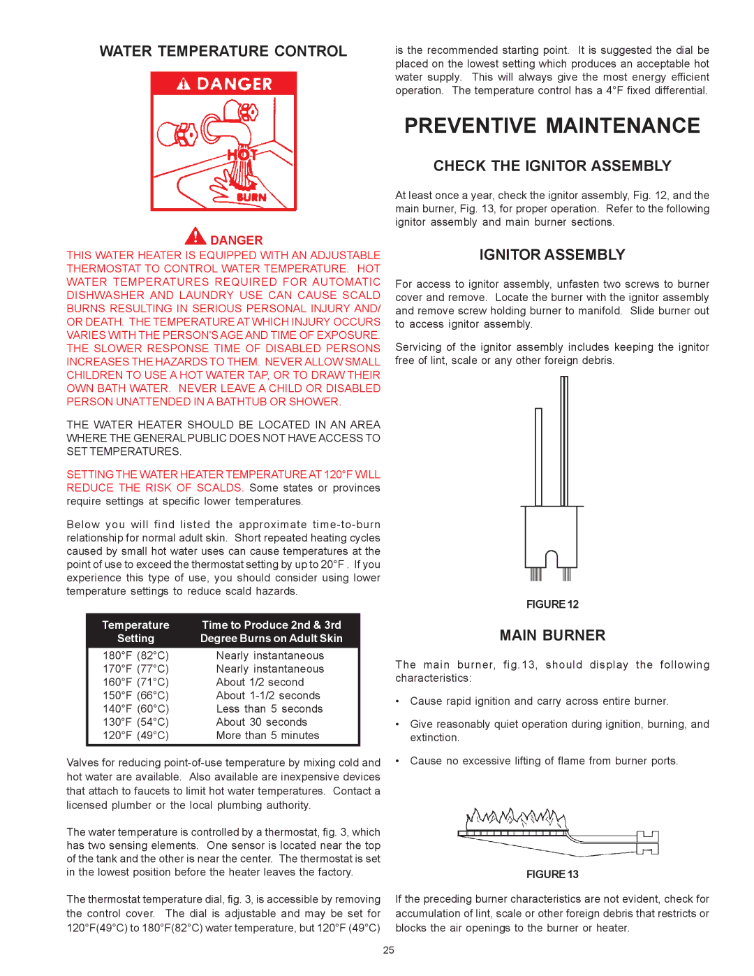 A.O. Smith BTI 120 warranty Preventive Maintenance, Water Temperature Control, Check the Ignitor Assembly, Main Burner 