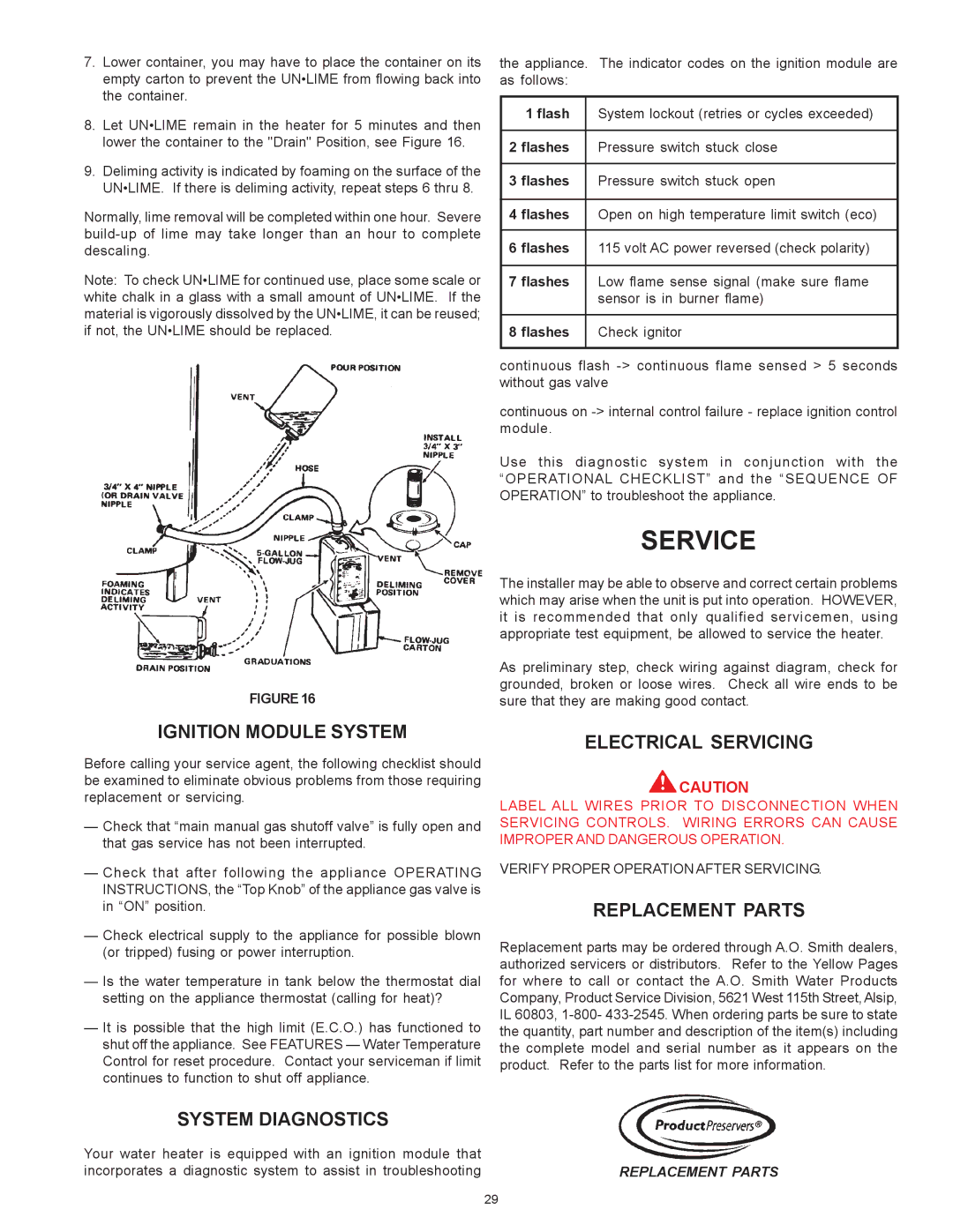 A.O. Smith BTI 120 warranty Service, Ignition Module System, Electrical Servicing, Replacement Parts, System Diagnostics 