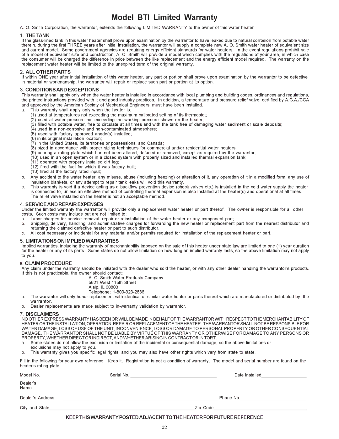 A.O. Smith BTI 120 warranty Tank, ALL Other Parts, Conditions and Exceptions, Service and Repair Expenses, Claim Procedure 